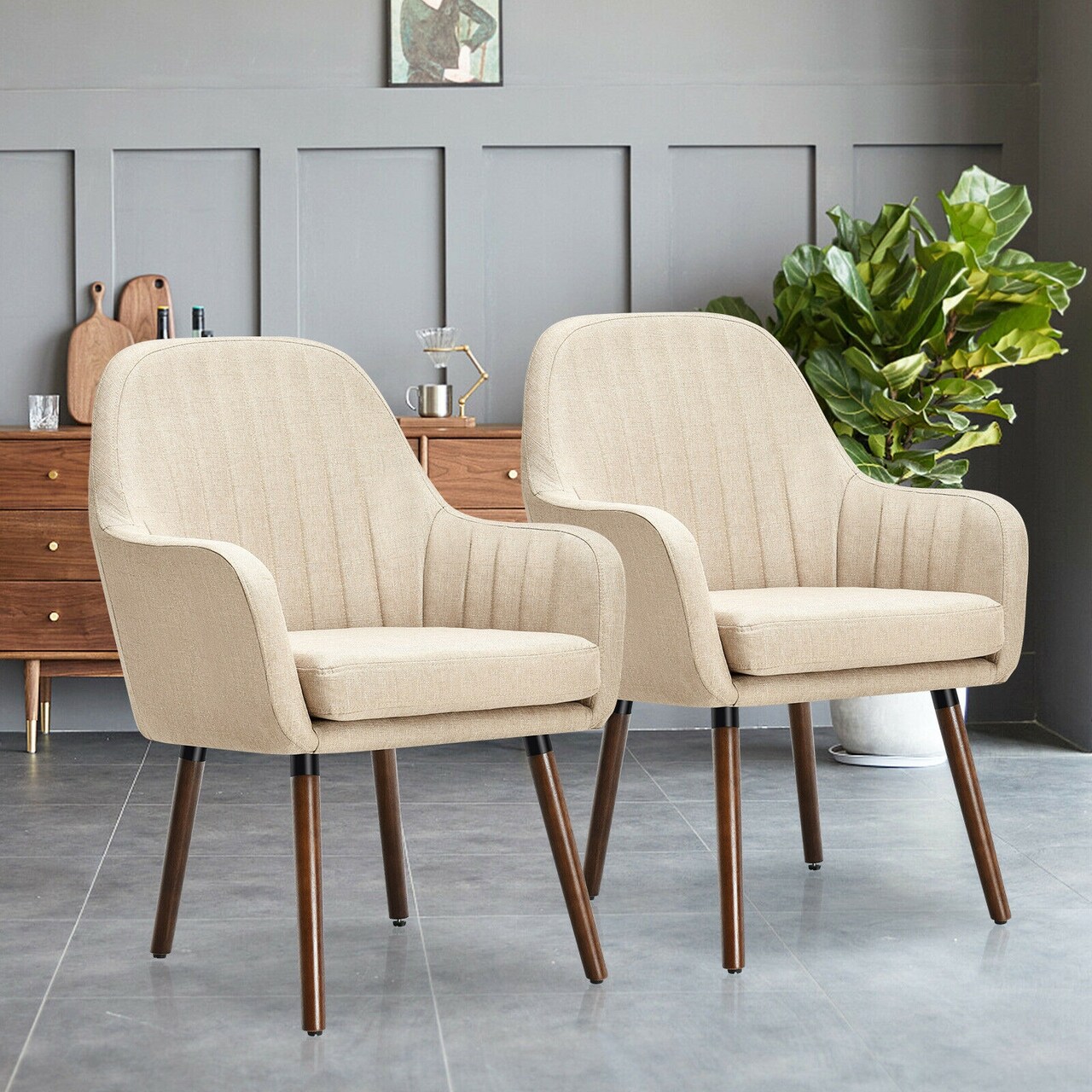 Set of 2 Fabric Upholstered Accent Chairs with Wooden Legs and Adjustable Non-slipping Pads